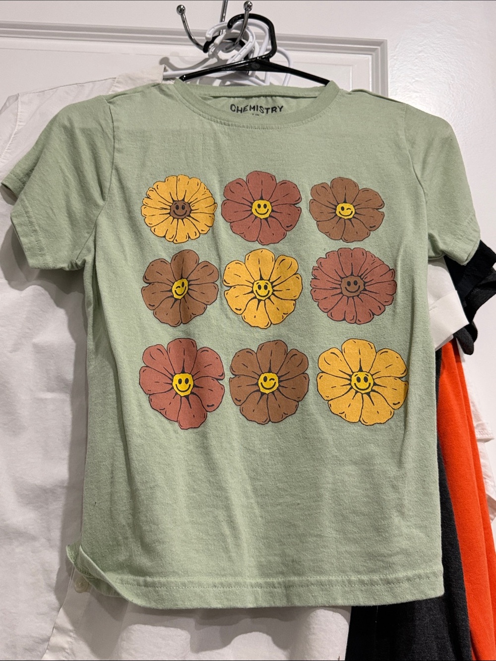 Chemistry Sage Green Tee with Smiley Flower Grid